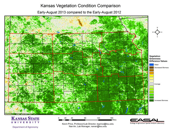 This was a map published by Kansas State University showing vegetation difference from 2012-2013.  Look above to the dark area in Nebraska-Yep-that's Clay County and the loss of vegetation due to August 1, 2013 storm.