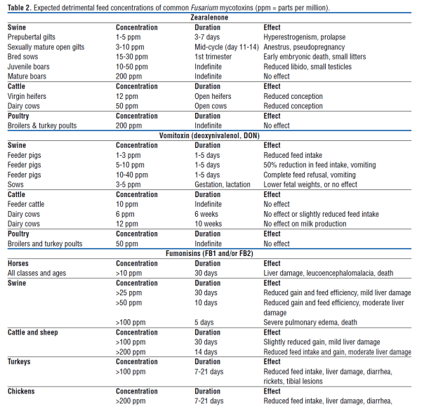 Table 2 expected detrimental feed concentrations of common fusarium mycotoxins-ISU